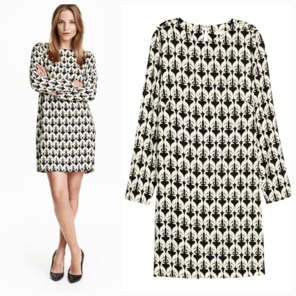 h&m black & white mod shift dress with greyhound  motif size 14